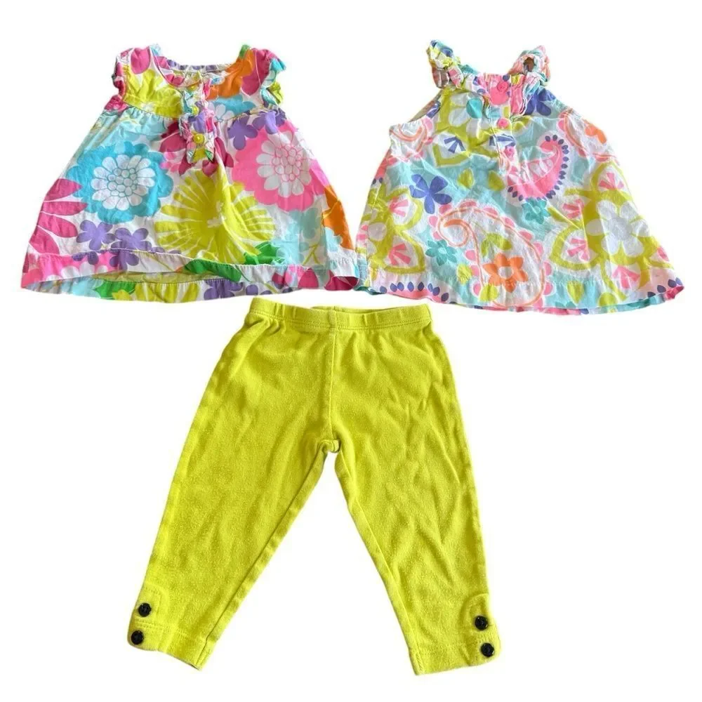 Carter’s 3 Piece Set Colorful Floral Tops and Neon Green / Yellow Pants Sz 9 mos